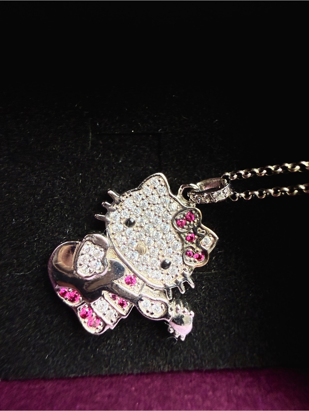 RARE Hello Kitty Diamonique 925  CZ Pendant Necklace with Pink CZ hard to find
